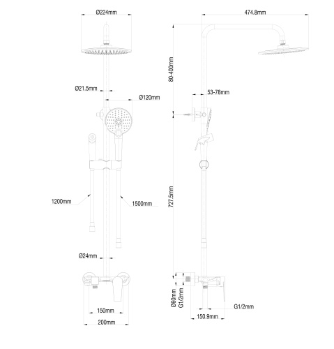 Душевая стойка Wonzon & Woghand WW-A30874-MB настенная цвет черный - фото 2
