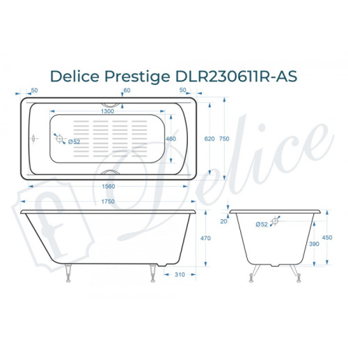 Ванна чугунная Delice Prestige DLR230611R-AS 175х75 пристенная прямоугольная - фото 2