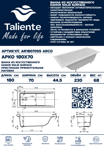 Ванна из искусственного камня Taliente Arco AR18070SS 180х70 пристенная прямоугольная с ножками - фото 4