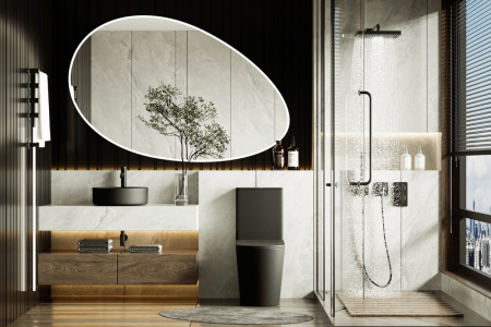 Унитаз напольный с бачком Abber Bequem AC1112TMB черный матовый с сиденьем безободковый смыв торнадо