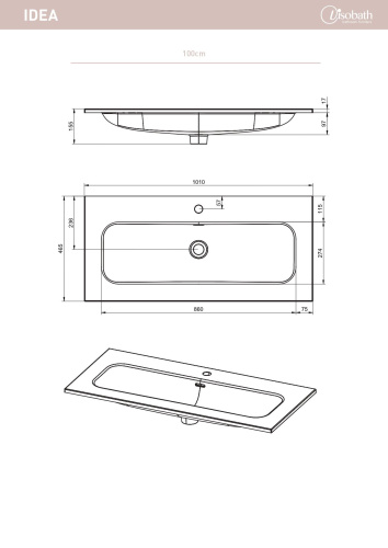 Раковина керамическая Visobath Idea 76699 100х48 встраиваемая цвет белый глянцевый 1 отверстие под смеситель - фото 2