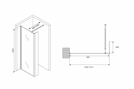 Душевая перегородка Abber Immer Offen AG66100B 100х200 стекло прозрачное профиль черный