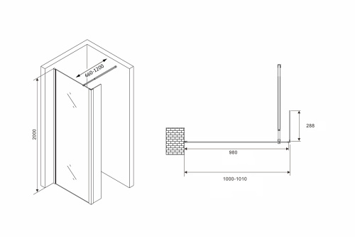 Душевая перегородка Abber Immer Offen AG66100B 100х200 стекло прозрачное профиль черный - фото 4