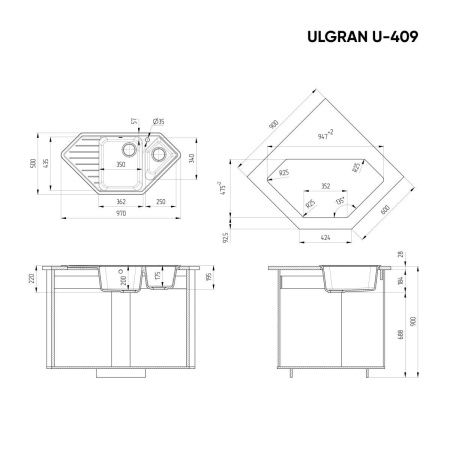 Кухонная мойка Ulgran Classic U-409-343 97х50 цвет антрацит