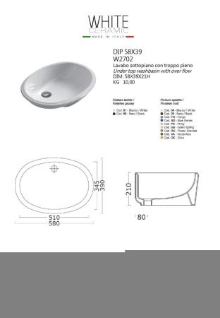 Раковина керамическая White Ceramic Dip W270201 60х40 встраиваемая цвет белый