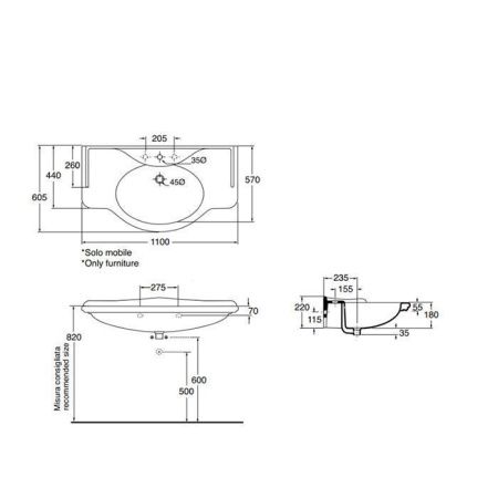 Раковина из сантехнического фаянса Azzurra Giunone GIU200110/ALZA bi*1 110х60 накладная цвет белый 1 отверстие под смеситель