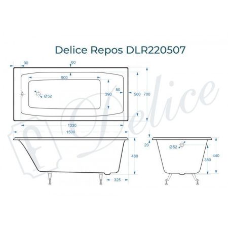 Ванна чугунная Delice Repos DLR220507 150х70 пристенная прямоугольная без ножек
