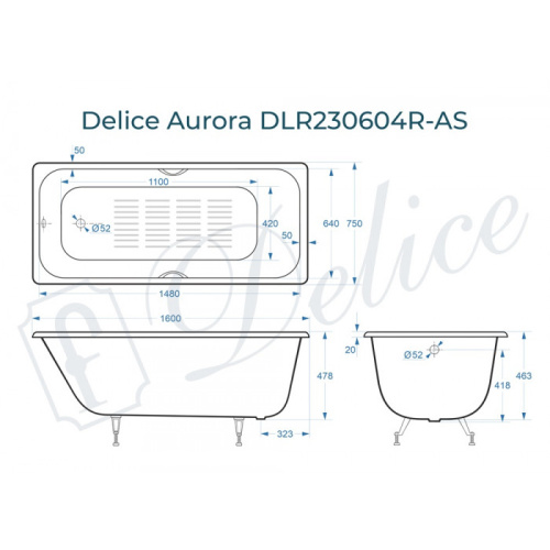 Ванна чугунная Delice Aurora DLR230604R-AS 160х75 пристенная прямоугольная - фото 2