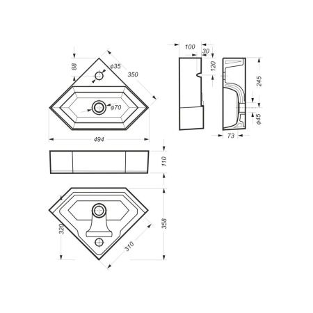 Раковина из сантехнического фарфора Onika Line LIN35SLWB01 50х40 накладная цвет белый 1 отверстие под смеситель