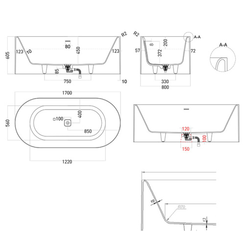 Ванна из искусственного камня Salini Perla 1049101G 170х80 отдельностоящая овальная - фото 2