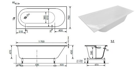 Ванна из литьевго мрамора Taliente Orta Stretto OR17075Stretto 170х75 пристенная прямоугольная без ножек и каркаса
