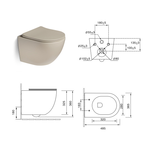 Унитаз подвесной SantiLine SL-5101 цвет бежевый матовый с сиденьем микролифт безободковый смыв воронка-водоворот - фото 2