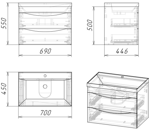 Тумба под раковину Grossman Талис 107010 69х45х50 подвесная цвет бетон пайн/графит - фото 4