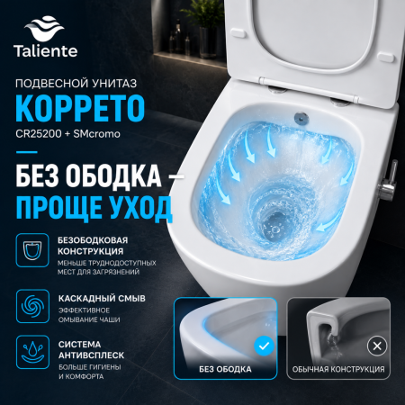 Унитаз подвесной Taliente Correto CR25200+SMcromo белый с сиденьем микролифт безободковый душевой смыв