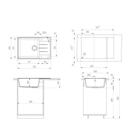 Кухонная мойка Grandex Aqua 600211 75х50 цвет белый поверхность матовая
