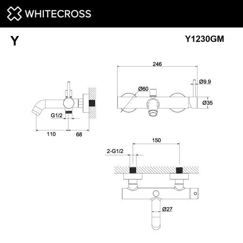 Смеситель для ванны Whitecross Y gunmetal Y1230GM настенный оружейная сталь без термостата - фото 2