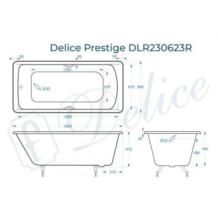Ванна чугунная Delice Prestige DLR230623R 180х80 пристенная прямоугольная без ножек с отверстиями под ручки