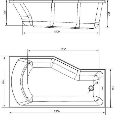 Ванна акриловая 1MarKa Convey 01кон1575л 150х75 пристенная асимметричная без ножек