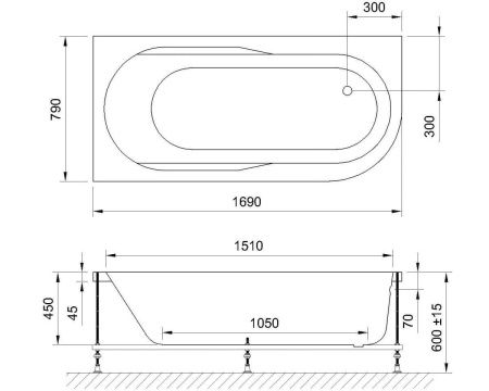Ванна акриловая гидромассажная Royal Bath AZUR RB614203DL-L 170х80 пристенная асимметричная с каркасом