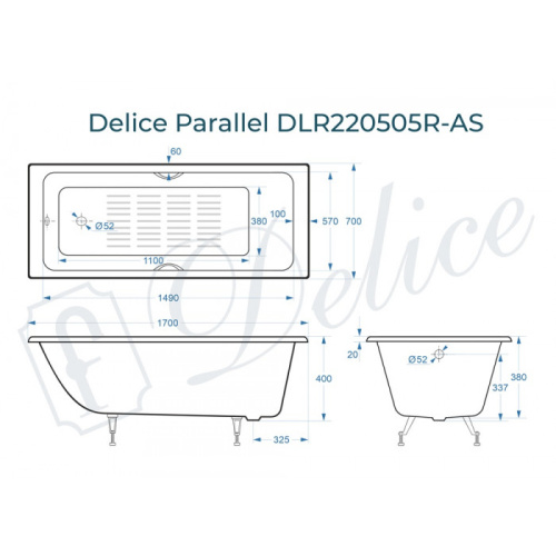 Ванна чугунная Delice Parallel 170x70 пристенная прямоугольная - фото 2