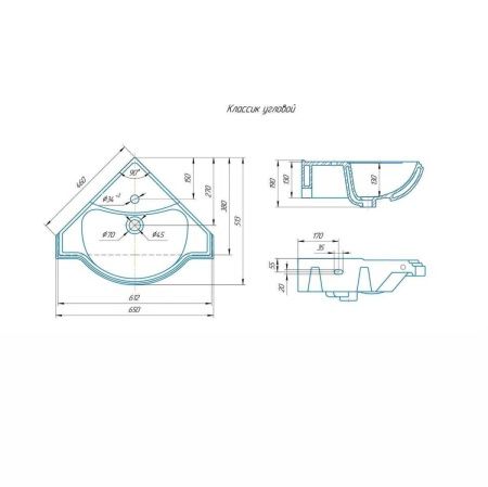 Раковина из сантехнического фаянса СанТа Классикугловой 70х50 подвесная цвет белый