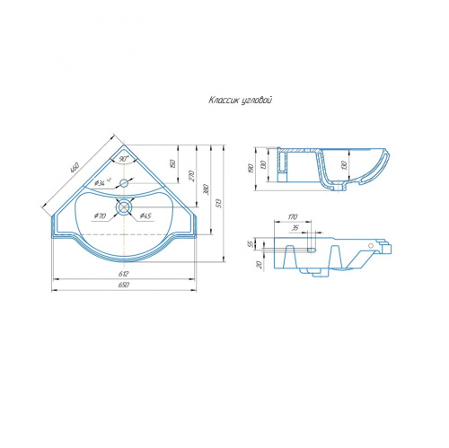 Раковина из санфаянса СанТа Классикугловой 65х51 подвесная цвет белый - фото 2