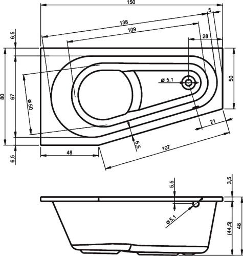 Ванна акриловая Riho DELTA B066001005 150х80 пристенная асимметричная - фото 2