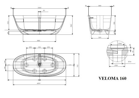 Ванна из искусственного камня Plumberia Selection Veloma VELOMA 160BD 160х70 отдельностоящая овальная с ножками