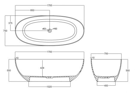 Ванна из полиэфирной смолы Abber Kristall AT9703Onyx 170х80 отдельностоящая овальная