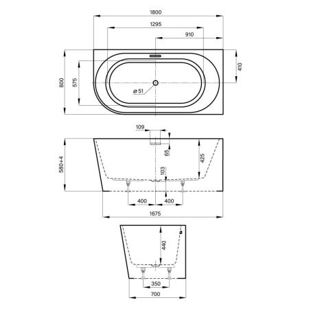 Ванна акриловая Wellsee Excellence Pro 287612000 180х80 пристенная асимметричная с ножками