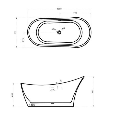 Ванна из искусственного камня Abber Stein AS9618 170х75 отдельностоящая овальная с ножками