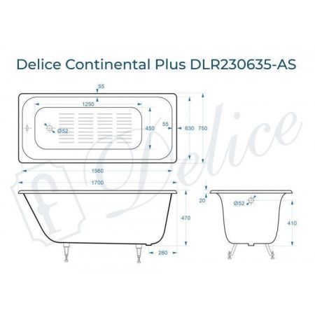 Ванна чугунная Delice Continental PLUS DLR230635-AS 170х75 пристенная прямоугольная без ножек с антискользящим покрытием