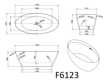 Ванна акриловая Frank 12525 170х80 отдельностоящая овальная с ножками