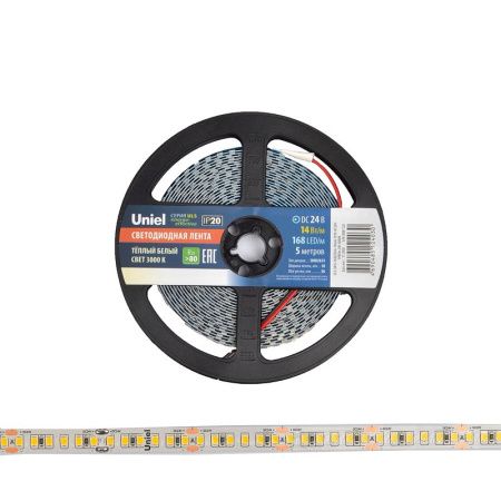 Светодиодная лента Uniel ULS-2835 ULS-2835-168LED/m-10mm-IP20-DC24V-14W/m-5M-3000K катушка в герметичной упаковке