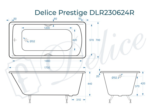 Ванна чугунная Delice Prestige DLR230624R 170х70 пристенная прямоугольная без ножек с отверстиями под ручки - фото 3