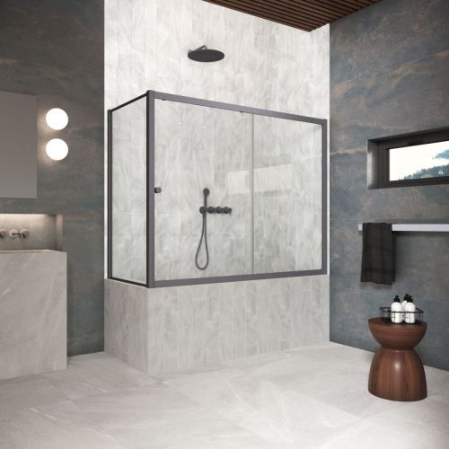 Душевая шторка на ванну Vegas-Glass ZV+ZVF Protec ZV+ZVF Protec 180*90 06 01 180х140 стекло прозрачное профиль вороненая сталь ориентация универсальная