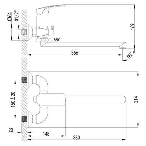 Смеситель для ванны LeMark Plus Shape LM1751C настенный хром - фото 2