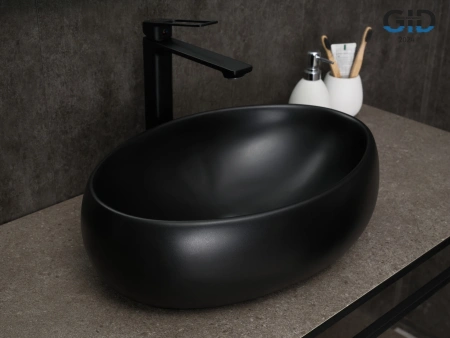 Раковина керамическая Gid Lago 53372 50х30 накладная цвет черный без отверстий под смеситель