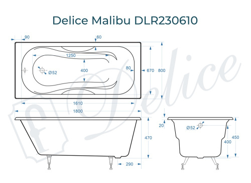 Ванна чугунная Delice Malibu DLR230610 180х80 пристенная прямоугольная без ножек - фото 3