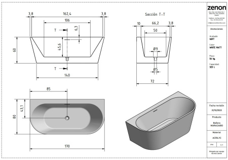 Ванна акриловая Zenon Maracaibo Wall 4000.000.000.000.42157 170х80 пристенная овальная
