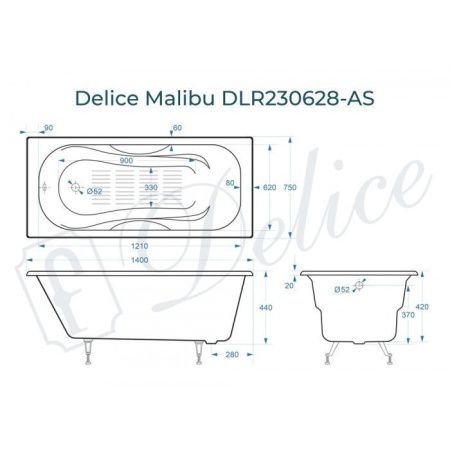 Ванна чугунная Delice Malibu DLR230628-AS 140х75 пристенная прямоугольная без ножек с антискользящим покрытием