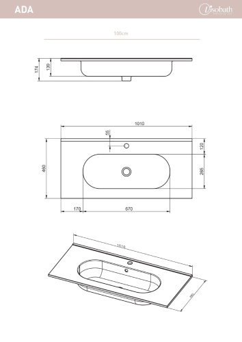 Раковина керамическая Visobath Ada 83806 100х48 встраиваемая цвет белый глянцевый 1 отверстие под смеситель - фото 2