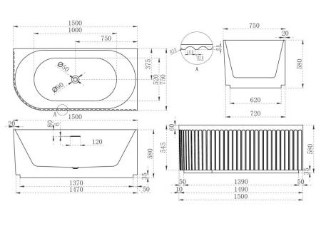 Ванна акриловая Abber AB9412-1.5 R 150х75 пристенная асимметричная с каркасом