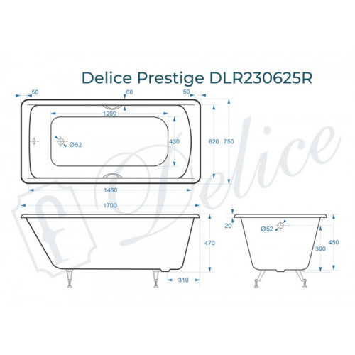Ванна чугунная Delice Prestige DLR230625R 170х75 пристенная прямоугольная - фото 2