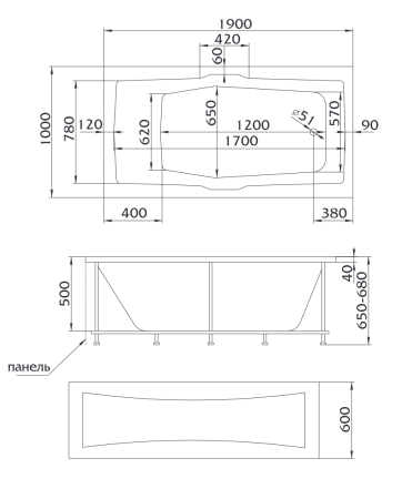 Ванна акриловая 1MarKa KORSIKA 01кр1910 190х100 пристенная прямоугольная без каркаса