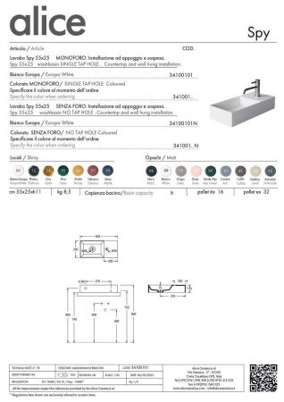 Раковина керамическая Alice Spy 34100101 60х30 подвесная цвет белый 1 отверстие под смеситель