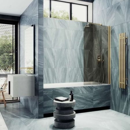 Душевая шторка на ванну Maybah Glass MGV-611-3 60х140 стекло тонированное профиль золото ориентация универсальная