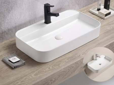 Раковина из санфаянса CeramaLux 78575 70х40 накладная цвет белый глянцевый 1 отверстие под смеситель