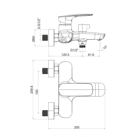 Смеситель для ванны Tokito KOMAKI TOK-KOM-1014 настенный хром