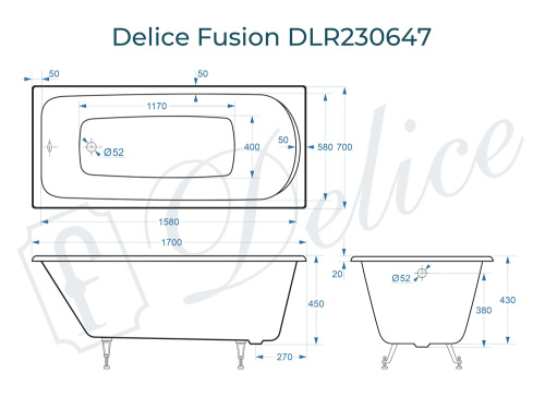 Ванна чугунная Delice Fusion DLR230647 170х70 пристенная прямоугольная без ножек - фото 3